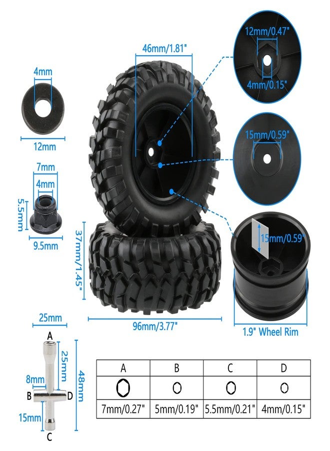 Rchobbytop 4pcs RC Trailer Tires, 12mm Hex Hard Dish Wheel Rim and Tires with Lock Nuts Washers Wrench for 1/10 Rock Crawler Truck Off Road Racing Car Axial RC4WD Tamiya MST HSP - Image 3
